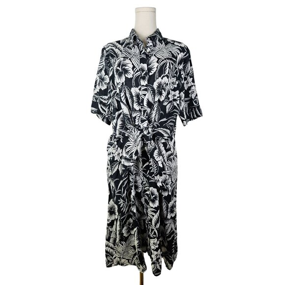 Lauren Ralph Lauren Linen Shirt Midi Dress Size 16W Black & White Self-Tie Waist - Picture 4 of 13